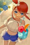  1girl absurdres bare_shoulders beach blue_eyes blue_shorts crop_top cup drinking_glass highres holding holding_cup jumpluff looking_at_viewer midriff navel official_alternate_costume open_mouth pokemon pokemon_masters_ex red_hair short_hair_with_long_locks shorts sidelocks skyla_(pokemon) skyla_(summer_2025)_(pokemon) star_dr0p 