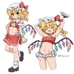  1girl adapted_costume arms_behind_back arms_up ascot bikini blonde_hair bow brown_shoes closed_eyes commentary_request criss-cross_halter cropped_legs cropped_shirt flandre_day flandre_scarlet full_body halterneck hat hat_bow highleg highleg_bikini highres long_hair looking_at_viewer miniskirt mob_cap multiple_views ramudia_(lamyun) red_bikini red_bow red_eyes red_shirt red_skirt shirt shoes side_slit simple_background skirt socks squiggle standing standing_on_one_leg stomach sweat swimsuit touhou twitter_username white_background white_bikini white_hat white_socks wings wrist_cuffs yellow_ascot 