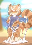 2023 anthro biped blurred_background blush bodily_fluids breasts brown_body brown_ear_tips brown_eyes brown_hair brown_markings bulge canid canine chest_tuft chinese_description clothed clothing colored countershade_arms countershade_face countershade_hands countershade_legs countershade_neck countershade_tail countershade_torso countershading dipstick_ears ear_markings female_symbol front_view fully_clothed gender_symbol gender_transformation ginyertac glistening glistening_body glistening_tail goo_creature goo_drip goo_transformation green_eyes gynomorph hair hand_on_breast hand_on_bulge hand_on_own_breast heart_symbol hi_res highlights_(coloring) human_to_anthro inner_ear_fluff intersex lactating mammal markings motion_lines mtf_transformation multicolored_ears multicolored_eyes one-piece_swimsuit open_mouth open_smile outside potatotanuki_(potatoximon) raccoon_dog smile solo species_transformation spiral spiral_eyes standing swimwear symbol tail tanuki transformation tuft two_tone_eyes white_body white_countershading white_highlights white_inner_ear_fluff