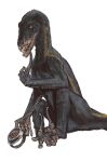 absurd_res ambiguous_gender ape arm_feathers black_body black_feathers black_fur black_scales bowl claws container dinosaur dromaeosaurid feathers feet feral fur haplorhine hi_res holding_object hybrid indoraptor jurassic_park jurassic_world kibble mammal mossa open_mouth orange_eyes pet_bowl picking_teeth prehensile_feet prehistoric_species primate reptile scales scalie scar sharp_teeth sitting solo teeth theropod toes universal_studios yellow_body yellow_fur