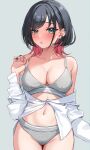  1girl adjusting_bra adjusting_clothes arm_at_side black_hair black_nails blush bra breasts character_request cleavage collarbone commentary copyright_request cowboy_shot earclip earrings embarrassed green_eyes grey_background grey_bra grey_panties hair_behind_ear hand_up highres jewelry kurokin large_breasts long_hair long_sleeves looking_at_viewer mole mole_under_mouth multicolored_hair navel no_pants off_shoulder open_clothes open_shirt panties parted_lips pink_hair raised_inner_eyebrows shirt shirt_partially_removed simple_background solo standing stomach stud_earrings symbol-only_commentary underwear white_shirt 