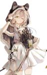  1girl ;) absurdres adjusting_hair animal_ear_fluff animal_ear_hood arknights belt belt_pouch black_belt black_jacket cowboy_shot dress fur-trimmed_hood fur-trimmed_jacket fur_trim grey_hair hair_between_eyes hair_tie hand_up hashtag-only_commentary highres honeyberry_(arknights) hood hooded_jacket id_card infection_monitor_(arknights) jacket lanyard long_hair looking_at_viewer low_twintails miyabi_(inarizushi) one_eye_closed possum_ears pouch smile solo teeth thighhighs twintails white_background white_dress white_thighhighs yellow_eyes zettai_ryouiki 