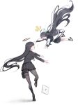  2girls absurdly_long_hair absurdres ahoge aqua_necktie aris_(blue_archive) black_hair black_jacket black_pantyhose black_shoes black_skirt black_socks blue_archive blush breasts catching closed_mouth coat collared_shirt commentary_request computer double-parted_bangs falling floating_hair flying_sweatdrops green_halo hair_between_eyes halo happy high_heels highres huge_ahoge jacket lanyard laptop large_breasts long_bangs long_hair miniskirt multicolored_coat multicolored_halo multiple_girls necktie notice_lines open_clothes open_coat open_mouth outstretched_arms pantyhose parack pleated_skirt rio_(blue_archive) running shadow shirt shoes sideways_mouth simple_background skirt smile sneakers socks sweatdrop thigh_strap very_long_hair white_background white_shirt white_shoes worried 