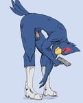  a-side anthro avian balls beak bird blue_body blue_eyes falco_lombardi feathers flaccid gun male nintendo nude penis pose prosthetic ranged_weapon smile solo standing star_fox uncut video_games weapon 