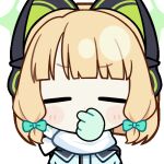  1girl animal_ear_headphones animal_ears animated animated_gif aqua_jacket blonde_hair blue_archive blunt_bangs blunt_ends blush_stickers bow cat_ear_headphones cat_ears chunye_haruya closed_eyes commission covered_mouth covering_own_mouth disembodied_hand dot_nose facing_viewer fake_animal_ears gloves green_bow green_gloves green_halo hair_bow halo hand_over_own_mouth headphones holding_nose jacket low-tied_sidelocks lowres midori_(blue_archive) midori_(winter)_(blue_archive) missing_commentary official_alternate_costume scarf second-party_source shaded_face short_hair sidelocks simple_background solo text_print transparent_background turn_pale upper_body white_scarf winter_clothes 