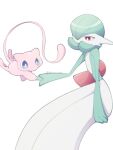  blue_eyes bob_cut colored_skin dress gardevoir green_hair green_skin hair_over_one_eye mew_(pokemon) multicolored_skin narumiya_pkmn pink_eyes pink_fur pokemon pokemon_(creature) signature simple_background tail two-tone_skin white_background white_dress white_skin 