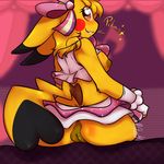  &lt;3 &lt;3_eyes 2015 anthro anus back bed blush breasts butt clothing cosplay_pikachu_(species) english_text eyelashes female fur hair looking_at_viewer looking_back mammal moneychan nintendo nipples pikachu pikachu_pop_star_(species) pok&eacute;mon presenting pussy ribbons rodent shadow sitting skirt smile solo teeth text video_games yellow_fur 