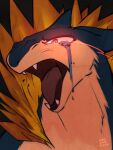 2025 absurd_res angry anthro black_background blue_body blue_fur bodily_fluids crying fangs fire fur generation_2_pokemon glowing glowing_eyes headshot_portrait hi_res icon male nintendo open_mouth pokemon pokemon_(species) portrait red_eyes sidefury simple_background solo tan_body tan_fur tears teeth tongue typhlosion