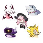  1girl 4boys acrokris angel_wings blue_archive commentary_request fleetway_super_sonic friday_night_funkin&#039; horns jeff_the_land_shark koharu_(blue_archive) marvel multiple_boys multiple_others robot selever_(friday_night_funkin&#039;) self-upload sharp_teeth shockwave_(transformers) sonic_(series) sonic_the_hedgehog super_sonic teeth transformers video_game white_background wings 