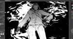  1boy art_program_in_frame bag black_gloves blood blood_from_forehead blood_on_clothes blood_on_face blood_splatter closed_eyes cowboy_shot cry_of_fear feet_out_of_frame fingerless_gloves floating gloves greyscale gun handgun highres hole_in_head hood hood_up implied_death implied_suicide lying monochrome on_back shoulder_bag simon_henriksson solo spread_fingers thonny222 water weapon white_hood 