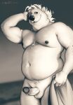 absurd_res anthro beach bear belly deep_navel erection genitals gwolk hi_res looking_from_above male mammal monochrome musclegut muscular navel nipples nude overweight overweight_male penis polar_bear simple_background slightly_chubby smile solo stocky ursine vein veiny_penis