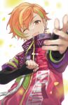  1boy ;d artist_name black_gloves blonde_hair brown_eyes commentary_request ear_piercing elbow_gloves fingerless_gloves gloves green_hair high_collar jacket looking_at_viewer male_focus msin multicolored_hair one_eye_closed open_mouth orange_hair piercing pink_jacket project_sekai shinonome_akito short-sleeved_jacket short_hair short_sleeves simple_background smile solo streaked_hair upper_body white_background zipper 