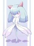  blush colored_skin green_hair green_skin hair_over_one_eye horns kirlia multicolored_skin narumiya_pkmn pink_eyes pokemon pokemon_(creature) sidelocks signature simple_background two-tone_skin white_skin 
