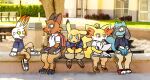 ambiguous_gender anthro backpack black_body black_fur book bottomwear canid canine cellphone chatting clothing dialogue ear_piercing electronics female fennekin flrnfluff footwear fox fur furgonomic_bottomwear furgonomic_footwear furgonomics generation_1_pokemon generation_4_pokemon generation_6_pokemon generation_8_pokemon group hair hair_bun hi_res lagomorph leporid male mammal nickit nintendo open_mouth orange_body orange_fur pencil phone photo_background photography_(artwork) piercing pikachu pokemon pokemon_(species) rabbit red_cheeks riolu school school_uniform scorbunny sitting smartphone student tan_body tan_fur uniform white_body white_fur writing_(disambiguation) yellow_body yellow_fur