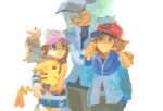  1girl 2boys antenna_hair bad_id bad_tumblr_id baseball_cap black_undershirt blue_eyes blue_jacket brown_eyes brown_hair closed_eyes green_hair hat hilbert_(pokemon) hilda_(pokemon) jacket looking_at_another multiple_boys n_(pokemon) nyagiratwist pikachu pokemon pokemon_(creature) pokemon_bw simple_background white_background wristband 