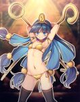  1girl ai-generated_background arms_behind_head arms_up bikini black_thighhighs blue_eyes blue_hair blunt_bangs breasts chima_q closed_mouth cowboy_shot earrings facial_mark facial_tattoo flat_chest gold_bikini gold_buckle gold_jewelry hair_bobbles hair_ornament headpiece highres holding holding_scepter jewelry key key_earrings light_blush long_hair looking_at_viewer low-tied_long_hair michigami_nareko no_nose outline pocket pyramid_(structure) scepter skindentation small_breasts smile solo sphere_hair_ornament standing swimsuit tattoo thighhighs touhou triangle triangle_facial_mark 