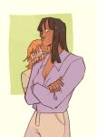  2girls black_hair blue_eyes bluechanas blunt_bangs crossed_arms green_background hands_on_another&#039;s_shoulders hiding hiding_behind_another highres looking_at_viewer medium_hair multiple_girls nami_(one_piece) nico_robin one_piece orange_hair purple_shirt shirt short_hair upper_body 