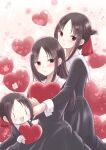  3girls black_dress black_hair blush chibi closed_mouth commentary_request dress flower flower_on_head folded_ponytail hair_down hair_ribbon heart heart_background holding holding_heart kaguya-sama_wa_kokurasetai_~tensai-tachi_no_renai_zunousen~ long_hair long_sleeves looking_at_viewer maekawa_suu multiple_girls multiple_persona open_mouth pink_background pink_flower red_eyes red_ribbon ribbon school_uniform shinomiya_kaguya shuuchiin_academy_school_uniform smile winter_uniform |_| 