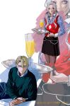  1boy 1girl alternate_costume alternate_hairstyle ambiguous_yellow_liquid amikoiiko argyle_clothes argyle_sweater blonde_hair blue_eyes blue_shirt bowl champagne_flute character_request closed_mouth collar copyright_name couch cowboy_shot cropped_legs cup denim dimitri_alexandre_blaiddyd dress_shirt drinking_glass edelgard_von_hresvelg english_text fingernails fire_emblem fire_emblem:_three_houses glass_bowl gossip_girl green_sweater hair_between_eyes hair_ribbon hand_on_own_wrist highres holding holding_tray jeans leaning_forward long_hair long_sleeves looking_at_viewer looking_to_the_side low_twintails pants pantyhose purple_eyes purple_ribbon red_sweater_vest release_date ribbon shirt short_hair simple_background sternocleidomastoid_muscle striped_clothes striped_shirt sweater sweater_vest tray twintails vertical-striped_clothes vertical-striped_shirt white_background white_collar white_hair white_shirt white_sleeve_cuffs zoom_layer 