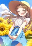  1girl birthday blue_sky blush cloud day field flower flower_field gakuen_idolmaster hat highres idolmaster kuramoto_china looking_at_viewer open_mouth outdoors skirt sky solo stretching summer sun_hat sunflower sunflower_field teeth upper_teeth_only usagichama watch wind wristwatch 
