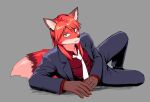 alternate_species anthro black_bottomwear black_clothing black_jacket black_pants black_topwear blazer bottomwear canid canine clothing collared_shirt fox furrification ichijou_seiya jacket kaiji long_sleeves lying male mammal necktie on_side pants red_clothing red_shirt red_topwear shirt solo suit tail topwear white_necktie yologyeolseogchung-gyeogpaswaeseogsul