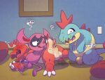 after_anal after_sex anus argon_vile backsack balls bean_bag blue_body blue_scales blush bodily_fluids charmeleon croconaw english_text flaccid foreskin fucked_silly generation_1_pokemon generation_2_pokemon generation_8_pokemon genital_fluids genitals group group_sex heart_symbol hi_res impidimp kneeling looking_pleasured lying male male/male navel nintendo on_front outie_navel penis perineum pink_body pokemon pokemon_(species) red_body red_scales scales scalie sex sloppy_seconds spread_anus spreading text threesome tongue tongue_out trio urine urine_from_ass urine_in_ass watersports