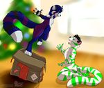  ambiguous_gender anthro christmas christmas_tree feline fur gift green_fur holidays mammal nanukk_luik package purple_fur raccoon tiger tree 