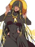  1girl ao_dai black_dress black_hair black_pants breasts chain cowboy_shot dark-skinned_female dark_skin dress exodia_the_forbidden_one genderswap genderswap_(mtf) highres large_breasts long_hair long_sleeves multicolored_hair pants pelvic_curtain red_eyes solo streaked_hair very_long_hair white_background yu-gi-oh! yu-gi-oh!_duel_monsters zackpyo 