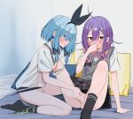  2girls absurdres black_bow black_skirt black_socks blue_eyes blue_hair blush bottomless bow bow_hairband bowtie braid censored commentary_request crying crying_with_eyes_open female_pubic_hair fingering green_panties grey_sweater_vest hair_bow hairband highres indoors multicolored_hair multiple_girls no_panties on_bed open_mouth original panties panties_around_one_ankle panties_around_one_leg pillow pink_hair plaid_clothes plaid_skirt pleated_skirt pubic_hair purple_bow purple_bowtie purple_hair red_eyes school_uniform shirt short_sleeves skirt socks sparse_pubic_hair sweat sweater sweater_vest tears twin_braids two-tone_hair underwear urushiushiru variant_set white_panties white_shirt white_sweater yuri 