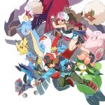  1boy 1girl animal_ears bad_id bad_tumblr_id baseball_cap blue_jacket boots braviary broom brown_eyes clefable colored_sclera denim denim_shorts dewott fox_ears hat hilbert_(pokemon) hilda_(pokemon) holding holding_poke_ball jacket joltik lace-up_boots lapras latias lilligant nyagiratwist open_mouth pikachu poke_ball poke_ball_(basic) pokemon pokemon_(creature) pokemon_bw reaching red_sclera red_shoes shoes shorts whimsicott zekrom zorua 