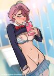  1girl absurdres biting_own_lip blurry blurry_background blush bow bowtie bra breasts clothes_lift clothes_pull dandadan depth_of_field highres holding holding_phone illuxxxtrandy medium_breasts mirror_selfie navel nipples panties panty_pull phone pink_eyes pink_hair pleated_skirt pussy red_bow red_bowtie school_uniform selfie shiratori_aira_(dandadan) short_hair skirt solo tan tanlines underwear watermark white_bra 