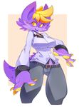  amber_eyes azalea big_breasts breasts claws clothed clothing female fur hyena looking_at_viewer mammal open_mouth plain_background purple_fur slugbox smile suit wide_hips 
