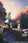  1girl absurdres autumn bag bare_shoulders blue_eyes blue_skirt bridge detached_sleeves facing_away factorrainbow grass green_hair highres hill kochiya_sanae long_hair long_sleeves moss river scenery shirt shoulder_bag skirt skirt_set sky sleeve_ribbon sleeveless sleeveless_shirt solo stone_lantern touhou wide_sleeves 