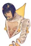  1boy absurdres bare_pectorals black_hair blue_eyes bob_cut bruno_bucciarati chest_tattoo highres jojo_no_kimyou_na_bouken long_sleeves morio_oku pectorals short_hair solo suit tattoo white_suit zipper zipper_pull_tab 