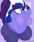 2025 anthro art_fight big_breasts big_butt blue_eyes blue_hair breasts butt clothing digital_media_(artwork) female fur hair hi_res hoodie lipstick looking_at_viewer makeup mammal masterj291 mephitid purple_body purple_fur simple_background skunk slightly_chubby slightly_chubby_female smile smiling_at_viewer solo thick_thighs topwear