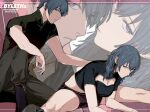  1boy 1girl alternate_costume amikoiiko ankle_boots arm_on_knee assisted_stretching black_boots black_shirt blue_hair boots brown_boots brown_shorts character_name cleavage_cutout closed_mouth clothing_cutout collared_shirt copyright_name cropped_shirt dual_persona english_text female_byleth_(fire_emblem) fingernails fire_emblem fire_emblem:_three_houses forearms green_pants hand_on_another&#039;s_back high_collar highres inset_border looking_at_viewer male_byleth_(fire_emblem) mandarin_collar on_one_knee pants pink_background purple_eyes shirt short_hair short_sleeves shorts stretching sword_hilt two-tone_background white_background zoom_layer 