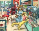 2016 baseball_cap blonde_hair blush bottomless breasts brown_hair chakat cleavage clothed clothing countershading dessert dress fallout felid felid_taur female food fur green_eyes group hair hat headgear headwear herm_(lore) ice_cream kacey lemonbite machine male mammal mammal_taur markings microsoft nuka-cola pink_nose purse red_body red_fur robot spots spotted_body spotted_fur store striped_body striped_fur stripes tail taur tina_(lionel) tongue tongue_out white_hair yellow_body yellow_fur