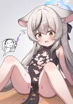  1girl animal_ear_fluff animal_ears bare_shoulders black_dress blue_archive blue_halo blush breasts brown_eyes china_dress chinese_clothes commentary_request doodle_sensei_(blue_archive) dress gradient_background grey_hair halo highres jacket kokona_(blue_archive) long_hair navel no_bra no_legwear paid_reward_available pelvic_curtain sensei_(blue_archive) skirt sleeveless small_breasts striped_clothes striped_dress striped_jacket torn_clothes torn_dress vertical-striped_clothes vertical-striped_jacket white_skirt yuchiberu 
