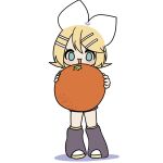  1girl :3 blonde_hair blue_eyes bow commentary_request eshe_mr flipped_hair food fruit full_body hair_bow hair_ornament hairclip highres holding holding_food holding_fruit kagamine_rin leg_warmers looking_at_viewer open_mouth orange_(fruit) oversized_food oversized_object short_hair shorts smile solo vocaloid 