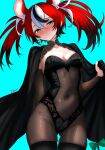  1girl absurdres alternate_costume animal_ears ass_visible_through_thighs black_cape black_hair black_sleeves blue_background blue_eyes blush bodystocking breasts cape commentary covered_navel detached_sleeves dfswift dice_hair_ornament hair_ornament hakos_baelz highres hololive hololive_english long_hair looking_at_viewer medium_breasts mouse_ears mouse_girl mouse_tail multicolored_hair red_hair signature skin_tight solo streaked_hair tail twintails virtual_youtuber white_hair 