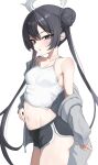  1girl absurdres alternate_costume bare_shoulders black_hair black_shorts blue_archive blush camisole dolphin_shorts grey_eyes hair_bun halo hand_on_own_stomach highres kisaki_(blue_archive) long_hair looking_at_viewer navel parted_lips rosu_1109 shorts simple_background single_off_shoulder solo stomach white_background white_camisole 