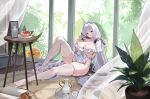  1girl absurdres ahoge apron arm_under_breasts azur_lane bare_shoulders blush breasts cleavage closed_mouth commission cup food food_on_body fork frilled_straps fruit_tart glass_door highres holding holding_fork illustrious_(azur_lane) illustrious_(sweet_afternoon_teatime)_(azur_lane) indoors knee_up large_breasts long_hair looking_at_viewer low_twintails manjuu_(azur_lane) naked_apron off_shoulder official_alternate_costume plant potted_plant round_table sexually_suggestive skindentation sliding_doors smile solo spilled_milk strawberry_tart table tart_(food) teacup teapot thick_thighs thighhighs thighs tray triangle_mouth twintails very_long_hair white_apron white_hair white_thighhighs wooden_table yoyoleaf 