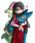  &lt;3 anthro atherol audino bag black_fur blue_fur blush bracelet brown_hair canine clothing collar eyes_closed eyewear fan_character female fur glasses green_eyes hair hug jewelry lucario male mammal mega_stone nintendo plain_background pok&eacute;mon shirt smile teeth video_games 