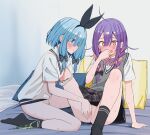 2girls @_@ absurdres black_bow black_skirt black_socks blue_eyes blue_hair blush bottomless bow bow_hairband bowtie braid censored closed_mouth commentary_request crying crying_with_eyes_open female_pubic_hair fingering green_panties grey_sweater_vest hair_bow hairband highres indoors multicolored_hair multiple_girls no_panties on_bed open_mouth original panties panties_around_one_ankle panties_around_one_leg pillow pink_hair plaid_clothes plaid_skirt pleated_skirt pubic_hair purple_bow purple_bowtie purple_hair red_eyes school_uniform shirt short_sleeves skirt socks sparse_pubic_hair spread_pussy sweat sweater sweater_vest tears twin_braids two-tone_hair underwear urushiushiru variant_set white_panties white_shirt white_sweater yuri 