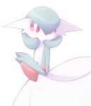  bob_cut colored_skin dress gardevoir green_hair green_skin highres multicolored_skin narumiya_pkmn own_hands_together pink_eyes pokemon pokemon_(creature) signature simple_background smile two-tone_skin white_background white_dress white_skin 