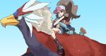  1boy 1girl bad_id bad_pixiv_id baseball_cap black_shoes blue_eyes blue_jacket boots braviary brown_eyes brown_hair exposed_pocket hat hilbert_(pokemon) hilda_(pokemon) hug hug_from_behind jacket looking_at_viewer nyagiratwist open_mouth pokemon pokemon_(creature) pokemon_bw riding riding_pokemon shoes 
