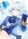  1girl ascot asymmetrical_gloves blue_ascot blue_gemstone blue_jacket drop-shaped_pupils eyelash_ornament flower furina_(genshin_impact) gem genshin_impact heterochromia highres jacket lying mismatched_gloves mismatched_pupils multicolored_hair shinoo0915 solo streaked_hair symbol-shaped_pupils 