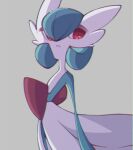  bob_cut colored_skin dress gardevoir green_hair green_skin grey_background highres multicolored_skin narumiya_pkmn parted_lips pokemon pokemon_(creature) red_eyes simple_background two-tone_skin white_dress white_skin 
