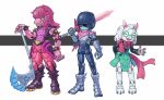  1boy 1girl 1other armor blue_hair blue_skin cape colored_skin deltarune dress full_body furry furry_female furry_male goat_boy highres holding horns joints kris_(dark_world)_(deltarune) kris_(deltarune) lordyanyu mechanical_dress mechanical_hair mechanization pink_cape pink_scarf ralsei robot robot_girl robot_joints scarf short_hair simple_background smile standing susie_(dark_world)_(deltarune) susie_(deltarune) sword teeth weapon white_background 