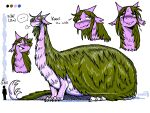 2025 bodily_fluids character_name chart dated digital_media_(artwork) dragon drooling feral fur green_body green_fur height_chart height_comparison hi_res kaori_(shyguy9) model_sheet mythological_creature mythological_scalie mythology pink_body pink_fur quadruped saliva scalie shyguy9 signature silhouette size_difference speech_bubble text